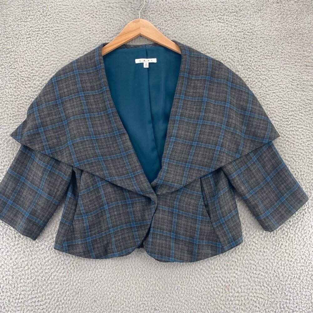 CAbi Jacket Womens 10 Blue Gray Plaid Court Shawl Collar Open Front Office Work